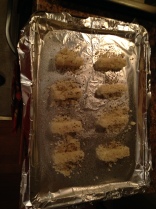 The breadcrumb-coated sticks are ready to hit the oven.