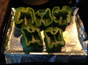 Peppers - halved and ready to hit the oven.